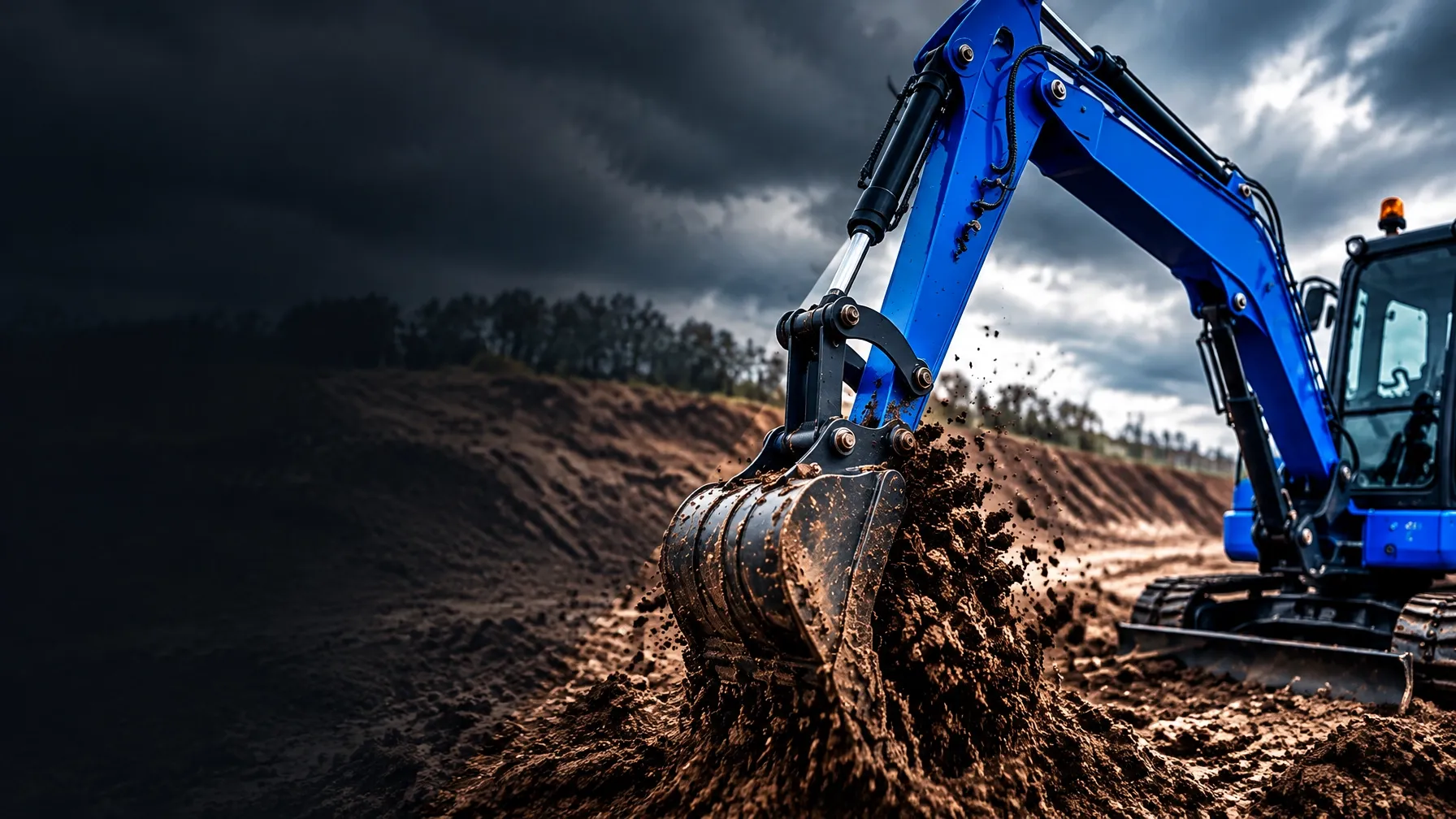 Blue excavator digging into earth on a construction site